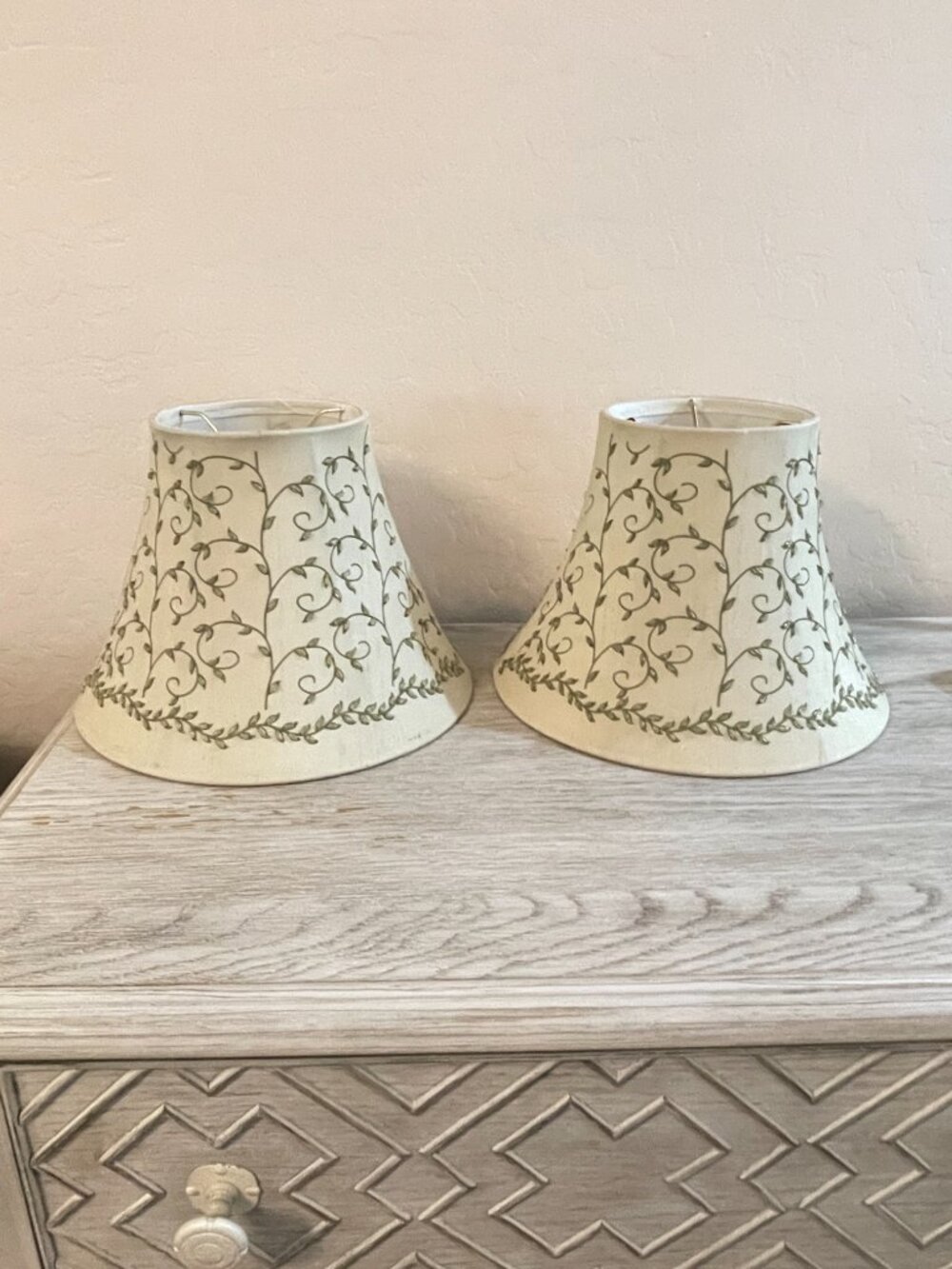 Lamp Shades Set of 2 Bell Shape Light Beige Green Stitching Beads Embellished